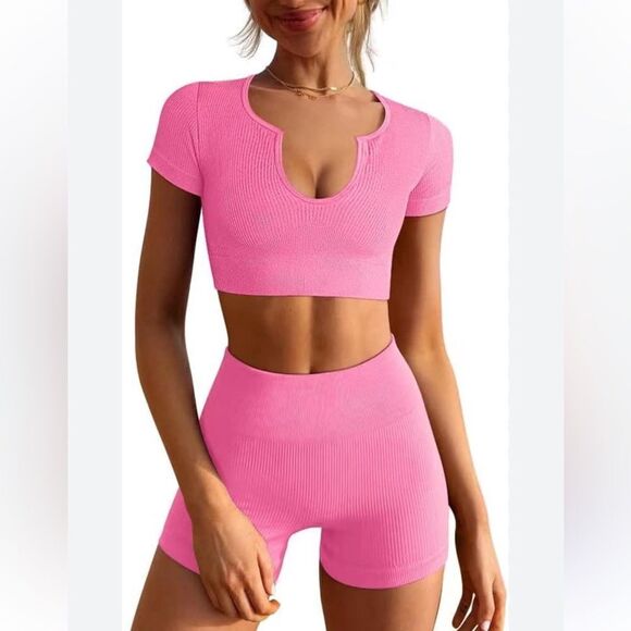 LNSK Pink Workout Outfit Seamless Ribbed Running Yoga Two‎ Piece Crop Top Shorts - Picture 1 of 9
